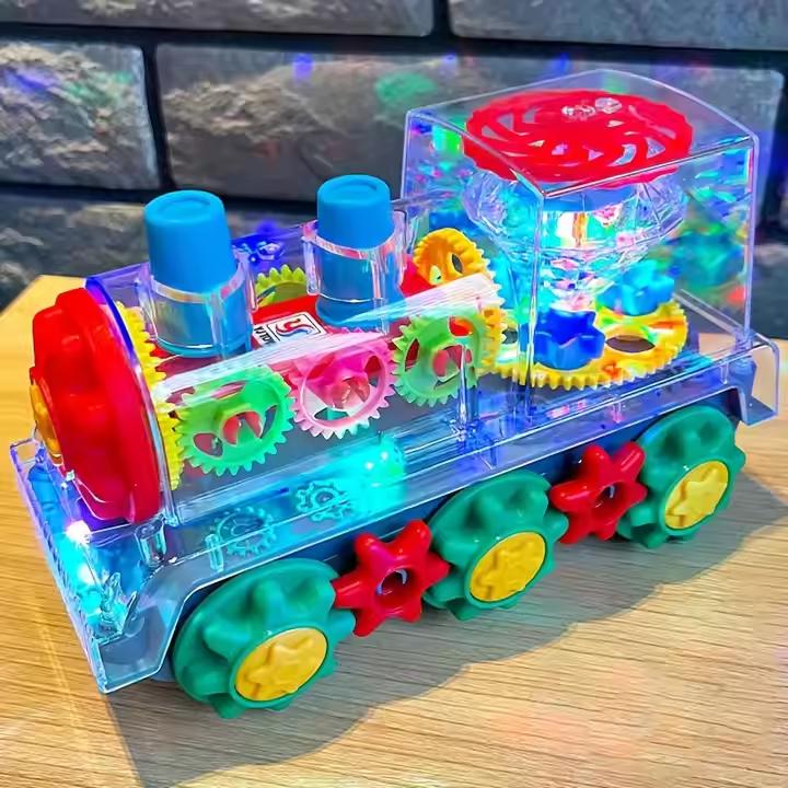 🧠🧩Perfect Gift for Kids🎁Interactive Transparent Train Toy with LED Light and Sound, 360 Rotating Engine Toy for Kids, Baby Sound Toys, Automatic Obstacle Avoidance