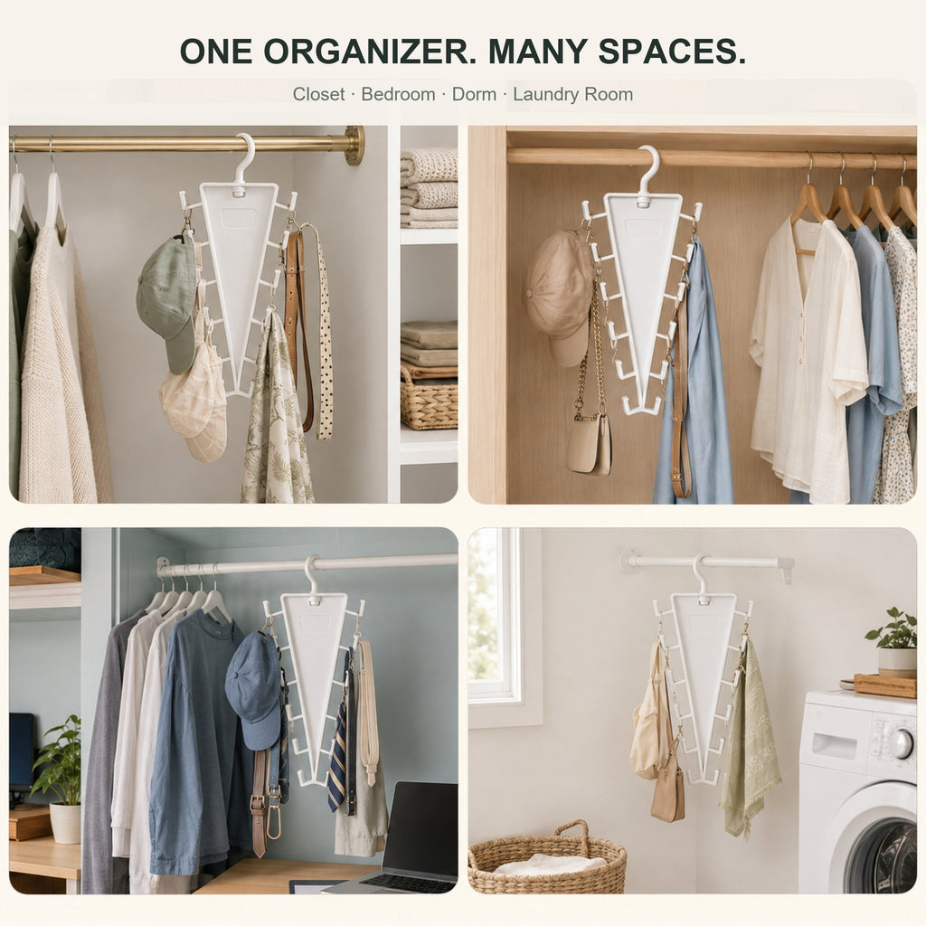 🧺 V-Shaped 12-Hook Closet Organizer – 360° Rotating Double-Sided Space Saver