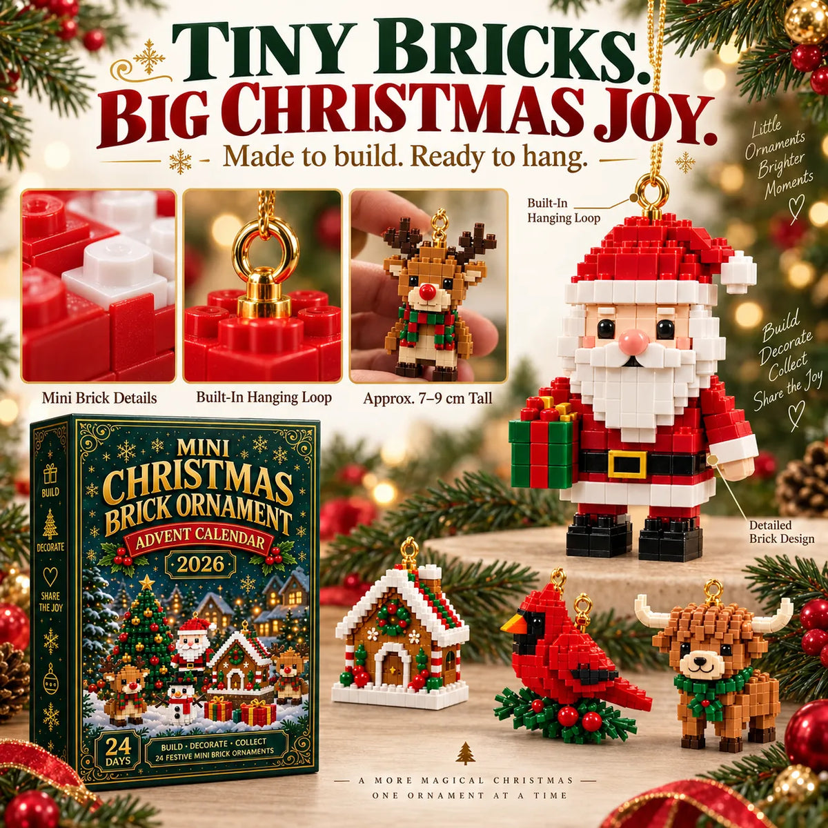 🎄24-Day Mini Christmas Brick Ornament Advent Calendar – Build, Hang & Keep 24 Holiday Ornaments 🎁✨