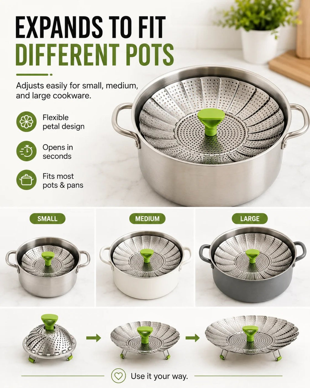 🥦💨 Expandable Stainless Steel Steamer Basket | Foldable Pot Insert 🍲✨