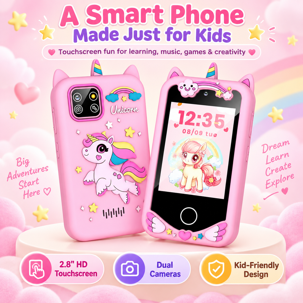 Smartphones for children, featuring an HD touchscreen, dual cameras, and built-in MP3 player and games.