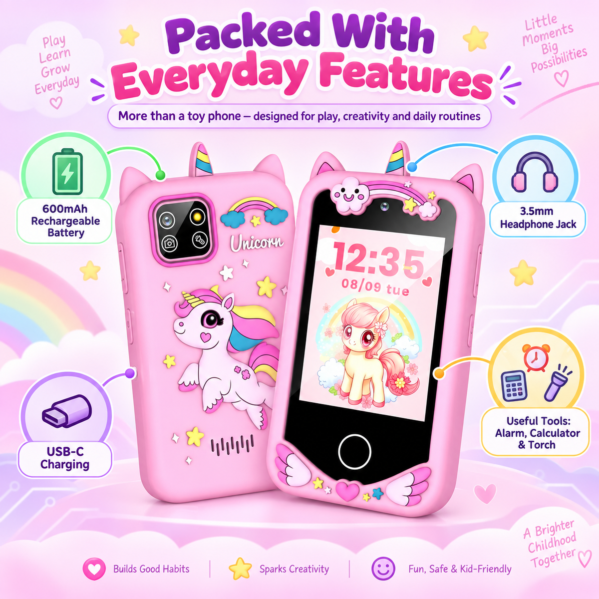 📱📸 Smartphones for children, featuring an HD touchscreen, dual cameras, and built-in MP3 player and games. 🎵🎮