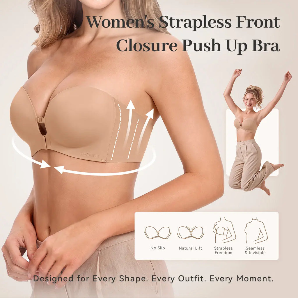 LUCKMEEY Womens Strapless Front Closure Bra Push Up Lift Bra Padded Add Cup Non Slip  Anti-Slip Grip & Removable Straps Fit Outfits Wireless Supportive  Seamless Comfortable
