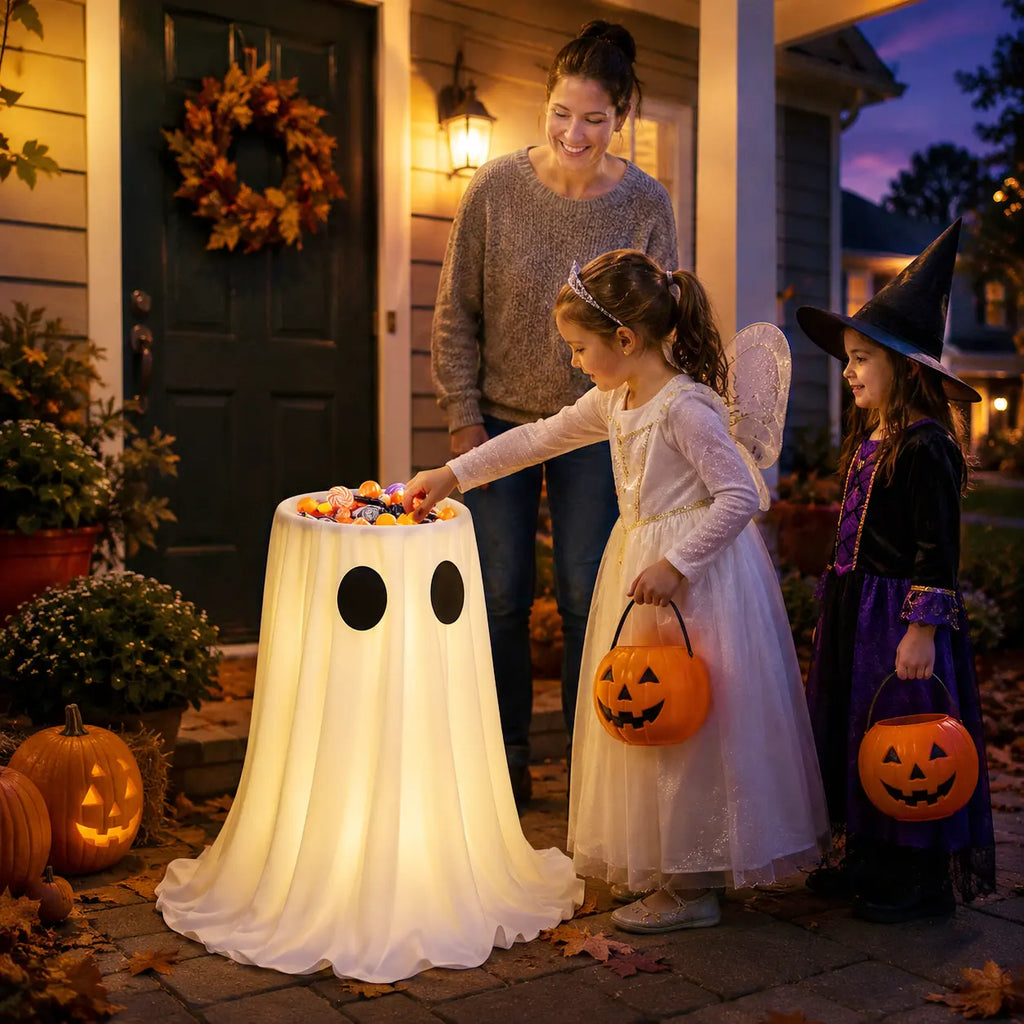 👻🍬 Halloween Glow-in-the-Dark Ghost Candy Bowl – With String Lights, Timer, and Remote Control 🎃✨