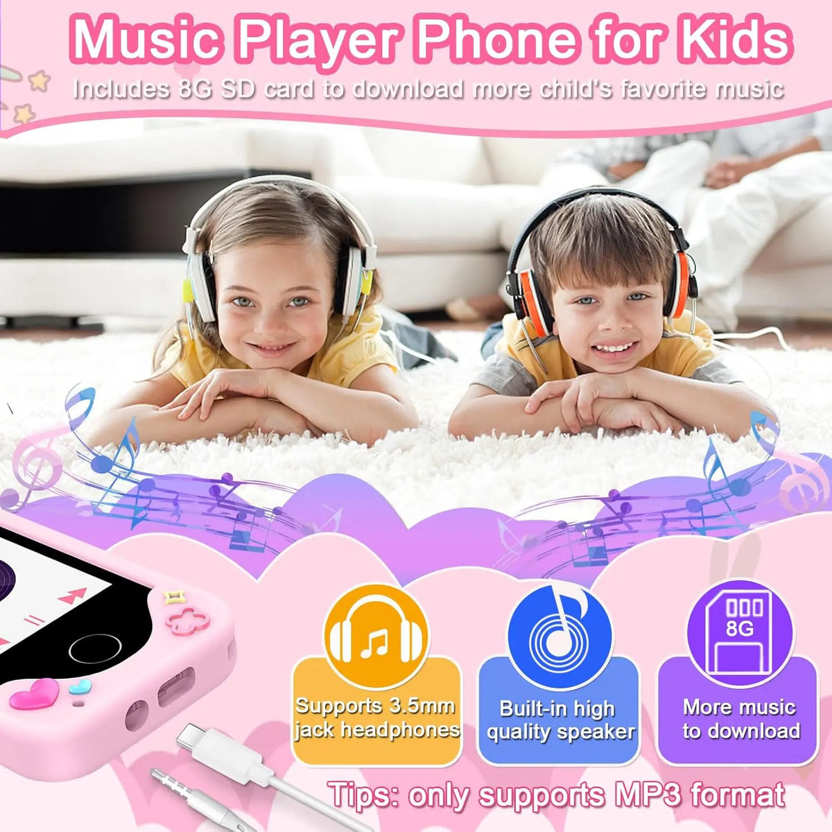 Smartphones for children, featuring an HD touchscreen, dual cameras, and built-in MP3 player and games.