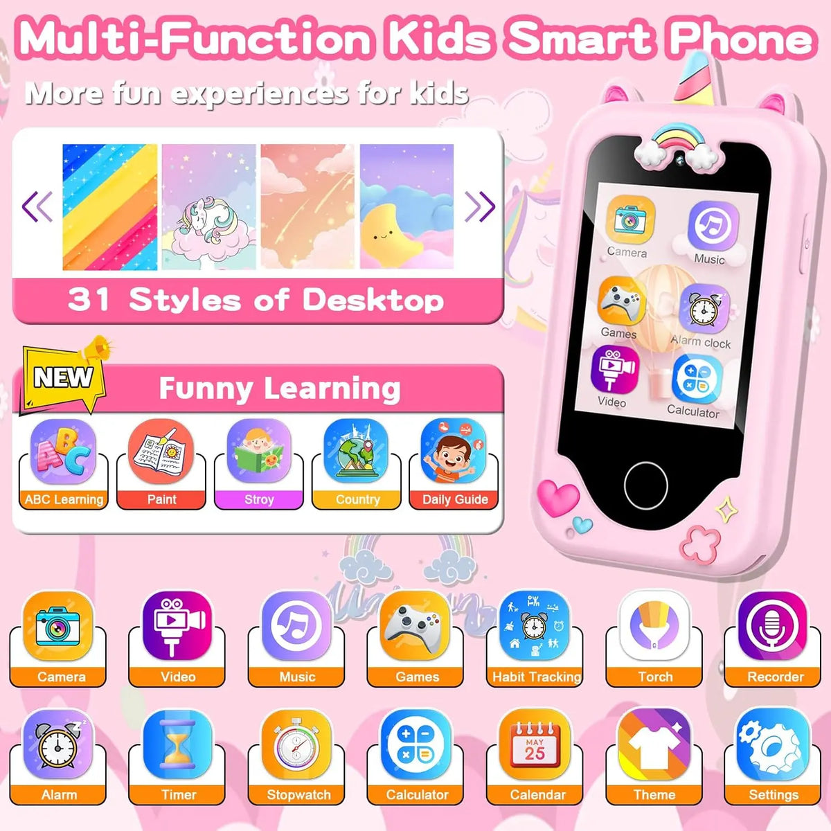 📱📸 Smartphones for children, featuring an HD touchscreen, dual cameras, and built-in MP3 player and games. 🎵🎮