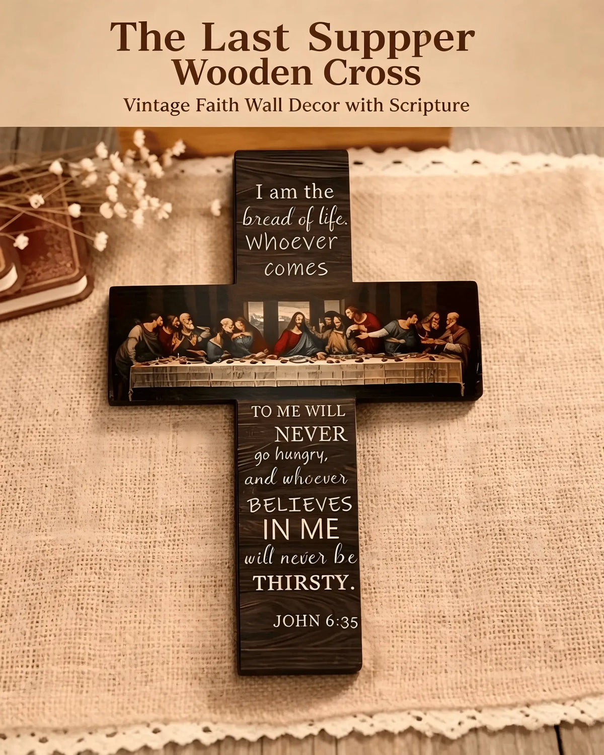 ✝️ The Last Supper Vintage Wooden Cross | John 6:35 Scripture Wall Décor 🪵