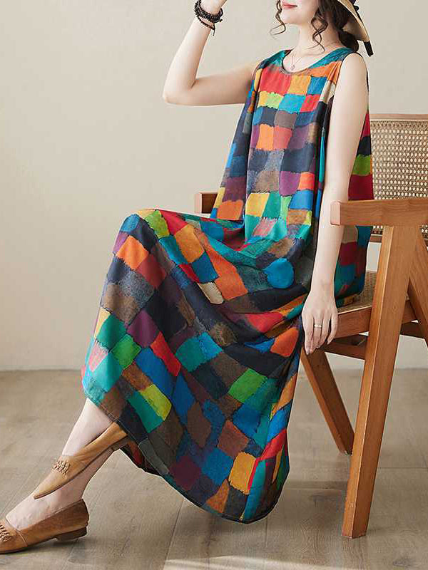 Loose Sleeveless Contrast Color Multi-Colored Plaid Round-Neck Midi Dresses